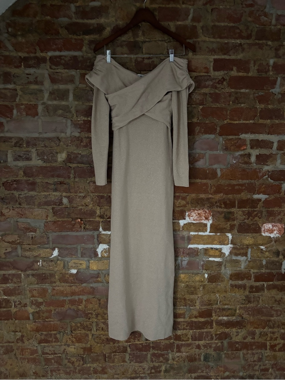 Off-Shoulder Long Sleeve Maxi Dress in Taupe Gold